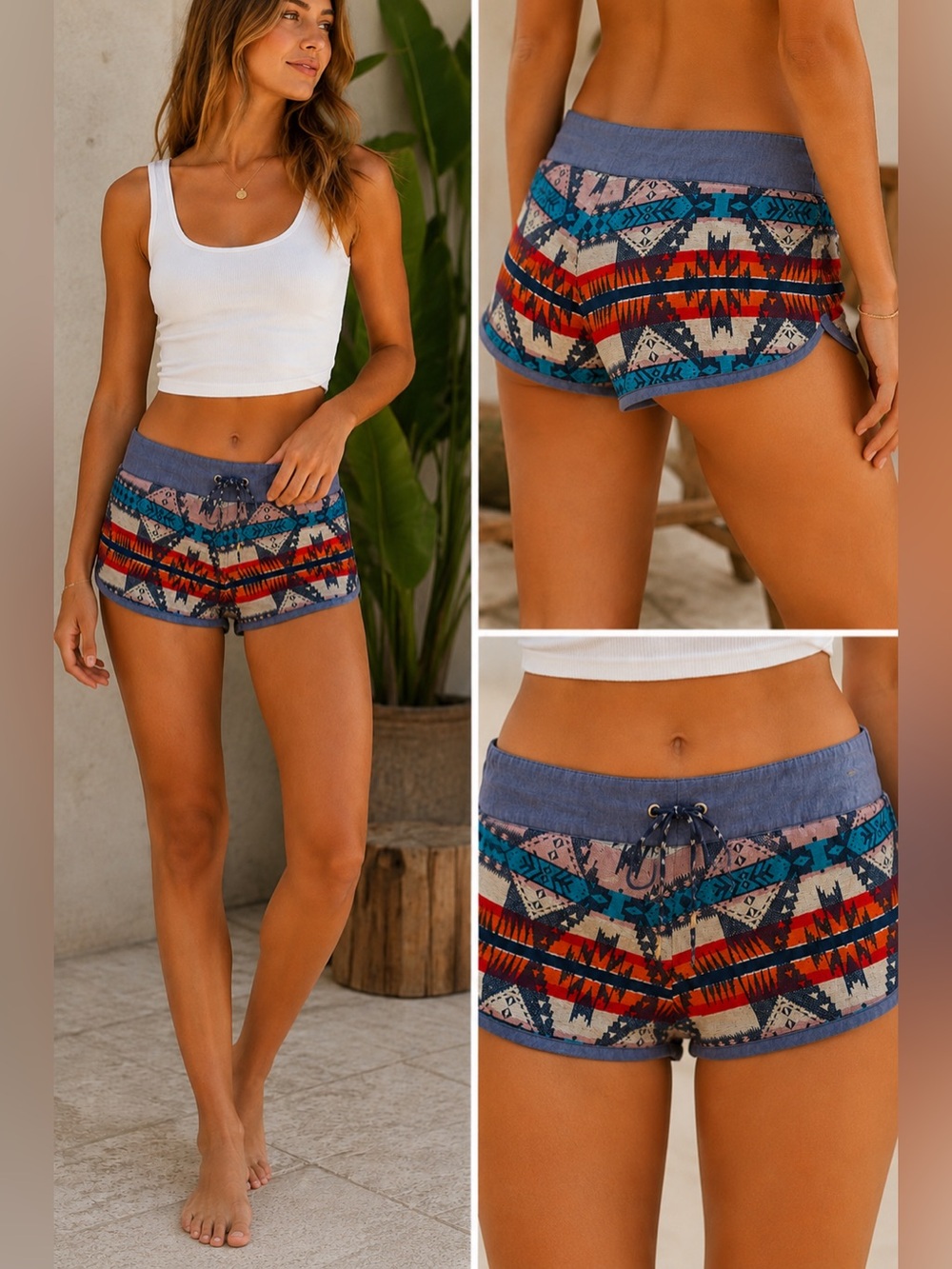 Roxy Multicolor Tribal Print Athletic Shorts with Blue Waistband